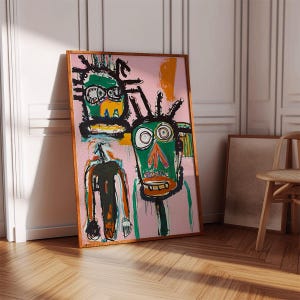 Basquiat Print, Einzigartige Abstrakte Kunst, Bunte Leinwand Drucke, Modernes Wohn Dekor, Skurrile Gesichter auf Rosa Hintergrund, Limitierte Edition