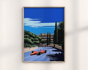 May include: A red race car speeds down a winding road with a blue sky and green trees in the background. The road is lined with a white wall and a building is visible in the distance.