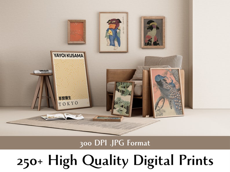 May include: A collection of framed prints featuring various Japanese art and designs. The prints include a geometric pattern, a traditional Japanese painting of a bird, and a painting of a peacock. The prints are displayed on a wall in a modern living room setting.