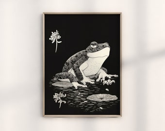 Matsumoto Hoji chagrijnige kikker print, traditionele Japanse kikker kunst, grillig Japans houtblokontwerp, unieke dierenhoutblokillustratie