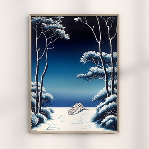 Hiroshi Nagai Snow Tiger in Hokkaido Print, Traditional Japanese Winter Artwork, Majestic Snow Tiger Wall Decor, Unique Hokkaido Scenery