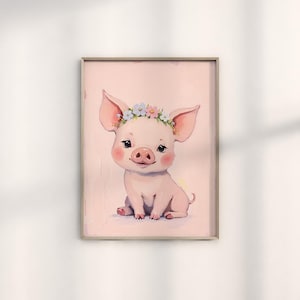 Ilustración de cerdo adorable con corona floral, decoración infantil caprichosa, arte de animales de granja adorable, arte de pared perfecto para niños