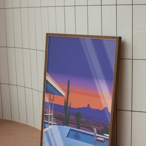 Hiroshi Nagai Palm Springs solnedgångstryck, retro popkonst-affisch, Nagai-stil heminredning, Palm Springs väggkonst, reproduktion i museikvalitet bild 5