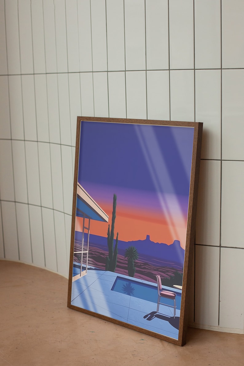 Hiroshi Nagai Palm Springs solnedgångstryck, retro popkonst-affisch, Nagai-stil heminredning, Palm Springs väggkonst, reproduktion i museikvalitet bild 5