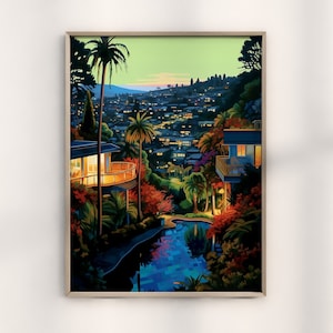 May include: A painting of a nighttime cityscape with a swimming pool in the foreground. The city is lit up with lights and there are palm trees and houses in the background. The painting is done in a realistic style with vibrant colors.