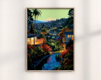 Hiroshi Nagai Beverly Hills i gryningen-tryck, vintagekonstverk i Beverly Hills, Nagai morgonglödande stadsbild, retrodekor i Beverly Hills soluppgång
