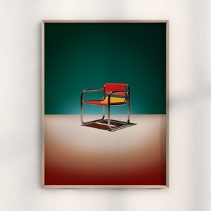 May include: A red, yellow, and chrome chair with a teal background. The chair is sitting on a brown surface.