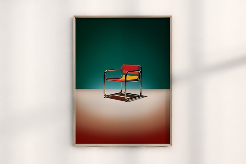 May include: A red, yellow, and chrome chair with a teal background. The chair is sitting on a brown surface.