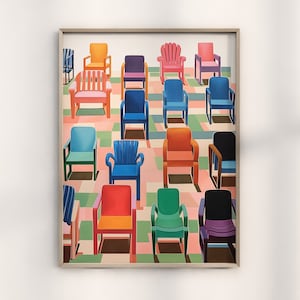 カラフルなバウハウスチェアのウォールアート、レトロなバウハウスチェアのデザイン、鮮やかなバウハウスの装飾プリント、モダンなチェアのポスター、ヴィンテージチェアの美的アート