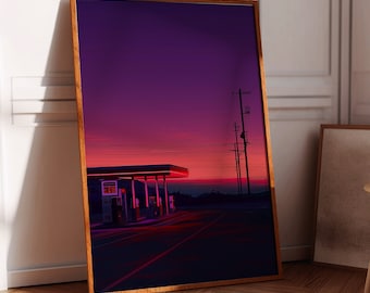 Desert Gas Station Art Print, Vintage Southwestern Decor, Boho Western Wall Art, Colorful Eclectic Landscape Poster, Boho Eclectic Room Art