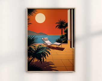 Retrowave Bauhaus Sunset Poster, Hiroshi Nagai Inspired Art, Bauhaus Chaise Lounge Décor, Tropical Bauhaus Scene,Sunset Aesthetic Wall Print