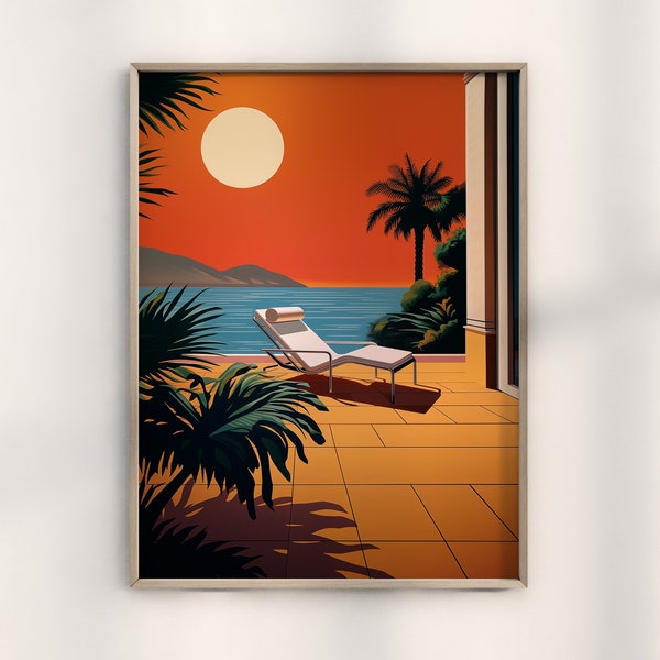 Retrowave Bauhaus Sunset Poster, Hiroshi Nagai Inspired Art, Bauhaus Chaise Lounge Décor, Tropical Bauhaus Scene,Sunset Aesthetic Wall Print