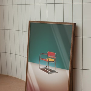 May include: A framed illustration of a colorful chair with a teal background. The chair is made of metal and has a red, yellow, and orange seat.
