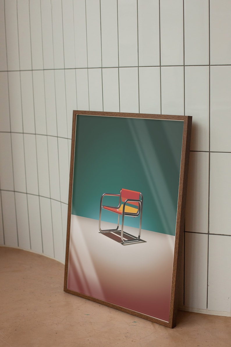 May include: A framed illustration of a colorful chair with a teal background. The chair is made of metal and has a red, yellow, and orange seat.
