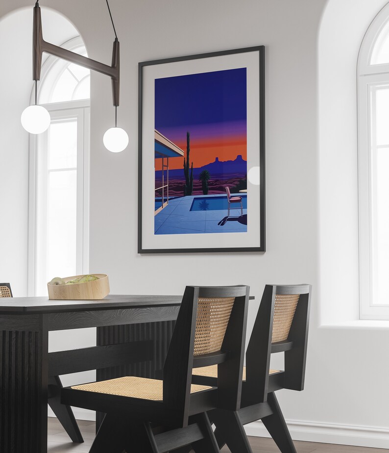 Hiroshi Nagai Palm Springs solnedgångstryck, retro popkonst-affisch, Nagai-stil heminredning, Palm Springs väggkonst, reproduktion i museikvalitet bild 3