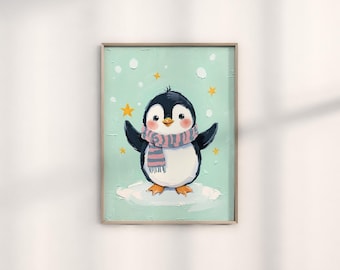 Niedliche Pinguin Kunst, Winter-Dekoration, handgemalte Wandkunst, entzückende Baby Pinguin Malerei, wunderliche Kunstdrucke für Kinder