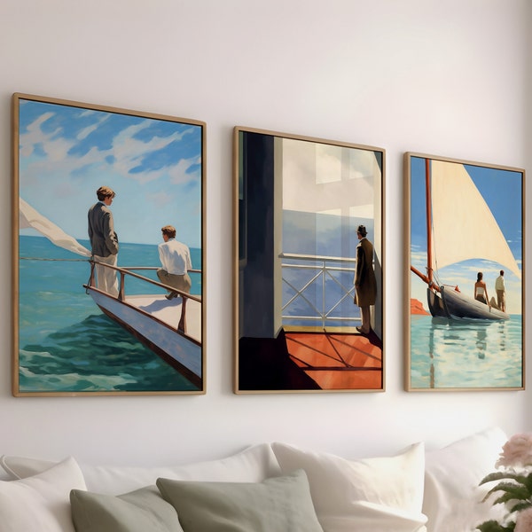 Edward Hopper Set von 3 Szenen am Meer Gemälde, maritimer digitaler Kunst Download, Maritimes druckbares Dekor, klassische Ocean View Kollektion