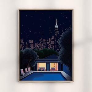 Hiroshi Nagai Minimalist New York Stadtbild Druck, moderne NYC Kunstwerk, Urban Landschaft Wanddekor, Hiroshi Nagai inspiriert City Pop Druck