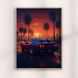Hiroshi Nagai Ferrari Inspired Print, Sunset in Miami Poster, Giclee Print, 80s City Pop, Nagai Ferrari Wall Decor, Museum Grade Poster