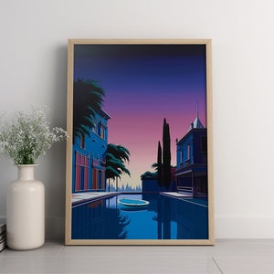 May include: A framed illustration of a blue building with a pool in front of it. The building has a pink door and windows. The pool is surrounded by palm trees and a purple sky.