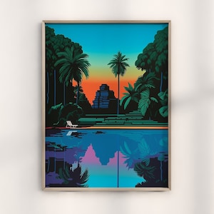 Minimalist Vaporwave Hiroshi Nagai Wall Art - Retro 80s Aesthetic,Neon Synthwave Design,Tropical Beach Sunset,Vintage Retrowave,Modern Decor