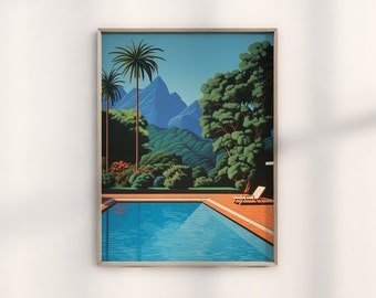 Tropisk strandscen Hiroshi Nagai-konstverk - 80-tals retrovågsolnedgång, Vaporwave Island-tryck, neonstrandkonst, retroestetik, synthwave-scen