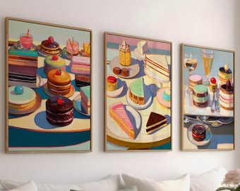 Wayne Thiebaud Ensemble de 3 peintures de pâtisseries, Gourmet Dessert Art Digital Download, Colorful Bakery Wall Decor, Printable Food Art Collection