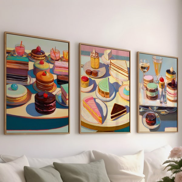 Wayne Thiebaud Zestaw 3 obrazów ciast, Gourmet Dessert Art Digital Download, Kolorowa dekoracja ścienna piekarni, Kolekcja sztuki kulinarnej do druku