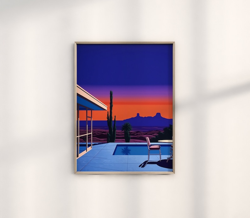 Hiroshi Nagai Palm Springs solnedgångstryck, retro popkonst-affisch, Nagai-stil heminredning, Palm Springs väggkonst, reproduktion i museikvalitet bild 1