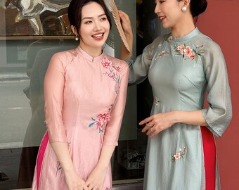 NGUYET Vietnamese Floral Embroidered Ao Dai for Women, Ao Dai for Girls, Ao Dai Vietnam, Traditional Form Ao Dai Set