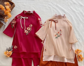 Embroidery Tussah Silk Women & Kids Matching Ao Dai Set, Ao Dai for Girls, Silk Ao Dai Tet