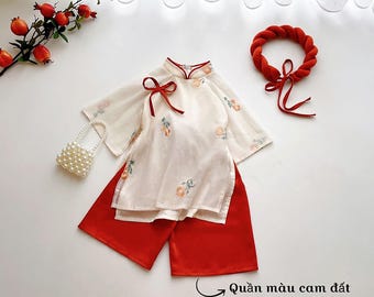 Embroidery Tussah Silk Women & Kids Matching Ao Dai Set, Ao Dai for Girls, Modern Crepe Silk Ao Dai Tet 06