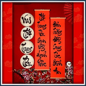 Trung Thu decoration couplets, Mid-Autumn Calligraphy Handwritten, Vietnamese Trung thu decoration (tranh chu lien thu phap trang tri)