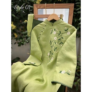 AN NHIEN Vietnamese Traditional Ao Dai for Women, Ao Dai for Girls, Ao Dai Vietnam, Embroidery Ao Dai, Linen Ao Dai
