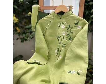 AN NHIEN Vietnamese Traditional Ao Dai for Women, Ao Dai for Girls, Ao Dai Vietnam, Embroidery Ao Dai, Linen Ao Dai