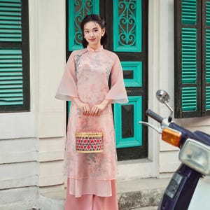 KIM Vietnamese Tussah Silk Ao Dai for Women, Ao Dai for Girls, Ao Dai Vietnam, Embroidery Ao Dai with Double Layers