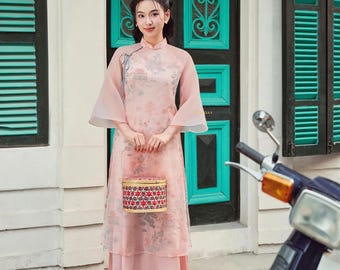 KIM Vietnamese Tussah Silk Ao Dai for Women, Ao Dai for Girls, Ao Dai Vietnam, Embroidery Ao Dai with Double Layers