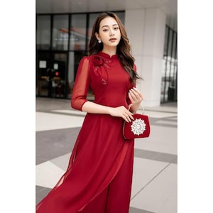 Flower Organza Traditional Ao Dai for Women, Ao Dai for Girls, Ao Dai Vietnam, Silk Ao Dai Set