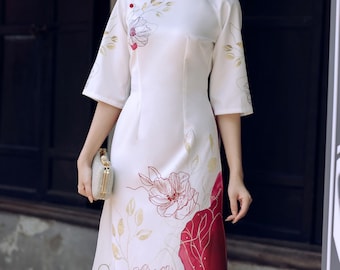 Ngoc Lam Vietnamese Ao Dai for Women, Printed Silk Ao Dai Set, Ao Dai Vietnam, Modernized Ao Dai