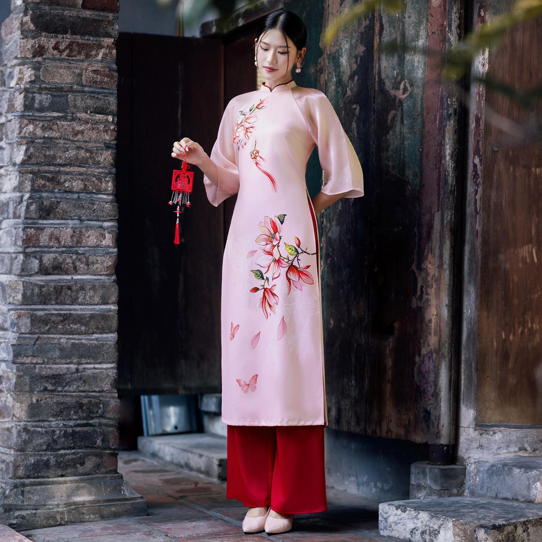 Ngoc Lam 女性用ベトナムアオザイ、プリントシルクアオザイセット