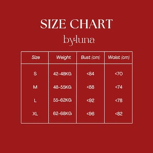 May include: A red size chart graphic with white text titled SIZE CHART by luna. The table lists sizes S, M, L, and XL with corresponding weight ranges in KG, bust measurements in cm, and waist measurements in cm. The background is solid red.