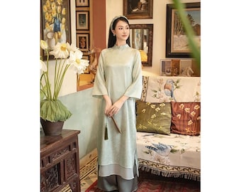 Ngoc Bich Seda Vietnamita Ao Dai para Mujer, Ao Dai para Niñas, Ao Dai Vietnam, Ao Dai con Doble Capa, Ao Dai Tet