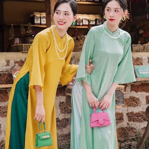 LAM 02 Vietnamese Modern Ao Dai for Women, Ao Dai for Girls, Ao Dai Vietnam, Damask Silk Loose Form Ao Dai
