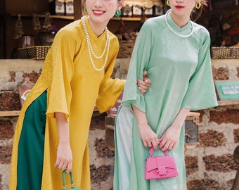 LAM 02 Vietnamese Modern Ao Dai for Women, Ao Dai for Girls, Ao Dai Vietnam, Damask Silk Loose Form Ao Dai