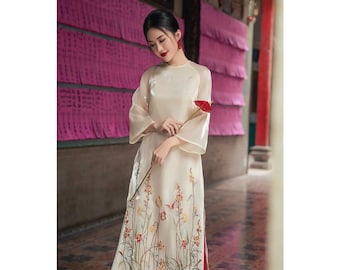 QUYEN Vietnamese Modern Ao Dai for Women, Ao Dai for Girls, Ao Dai Vietnam, Embroidery Ao Dai Set