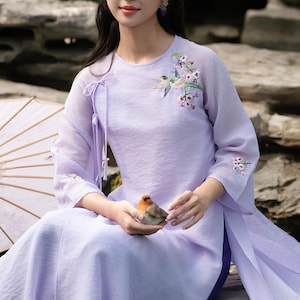 Ao Dai vietnamita con bordado floral de Hoang Yen para mujer, Ao Dai para niña, Ao Dai vietnamita, Ao Dai bordado con capas dobles