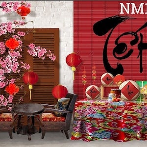 2024 Vietnamese Tet Holiday Lunar New Year landscape background, Tet Holiday backdrop (phong nen chup anh Tet bang vai), Tết nguyên đán 04