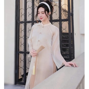 Ao Dai con abertura frontal floral para mujeres, Ao Dai para niñas, Ao Dai de Vietnam, Ao Dai de seda con capas dobles