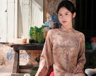Printed Silk Brocade Traditional Ao Dai for Women, Ao Dai for Girls, Ao Dai Vietnam, Ao Dai Tet Viet