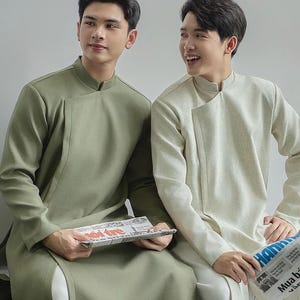 Modernized Ao Dai for Men with snap button, Ao Dai Vietnam, Pre-made Vietnamese Ao Dai, Men Ao Dai with Shoulder Pad, Ao Dai Tet
